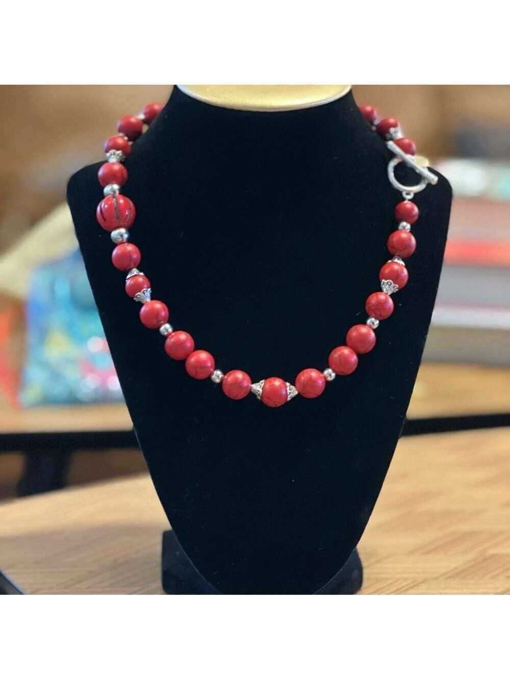 Vibrant Red Beaded Necklace with Silver Accents (Handmade)